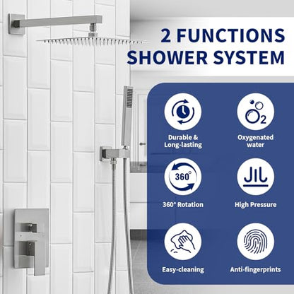 BWE 12 Inch Brushed Nickel 2-Faction Wall Mounted Bathroom Shower System | Brass and Stainless Steel,Rainfall Shower Head,Handheld Shower Head,Pressure Balance Valve,Escutcheon Plate,Hotel,Bath Center - color: Brushed Nickel, size: 12 Inch