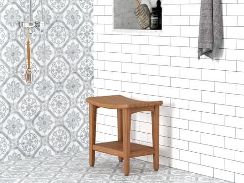 18" Sumba-Bjon Solid Top Teak Shower Bench with Shelf | Durable, Water-Resistant Teak, Shower Chair & Shaving Foot Rest, Indoor/Outdoor Use