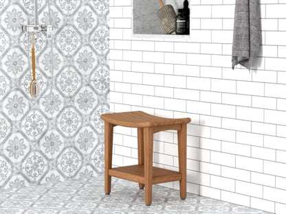 18" Sumba-Bjon Solid Top Teak Shower Bench with Shelf | Durable, Water-Resistant Teak, Shower Chair & Shaving Foot Rest, Indoor/Outdoor Use