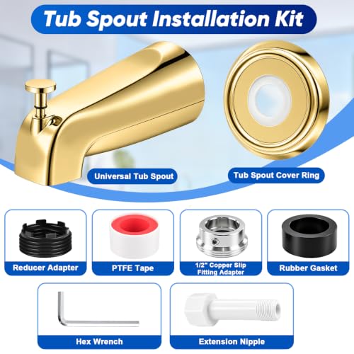 Universal Polished Gold Tub Spout with Diverter, Metal Cover and Adapter | Pull Down Bathroom Tub Faucet Replacement, for 1/2" Copper Pipe, 1/2" IPS & 3/4" IPS threaded, Bathtub Spout with Hex Wrench - color: Gold