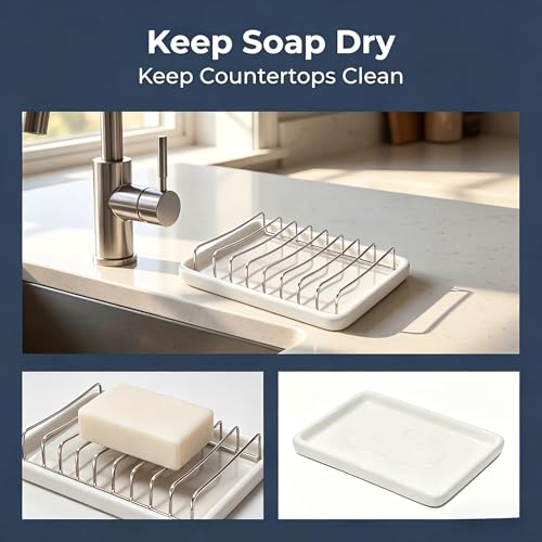 Ceramic Soap Dish with Stainless Steel Drain Tray Self Draining Soap Holder Sponge Holder Soap Dishes for Shower, Bathroom, Kitchen Sink - color: C-white