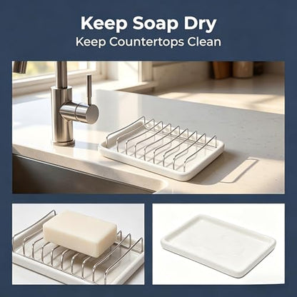 Ceramic Soap Dish with Stainless Steel Drain Tray Self Draining Soap Holder Sponge Holder Soap Dishes for Shower, Bathroom, Kitchen Sink - color: C-white