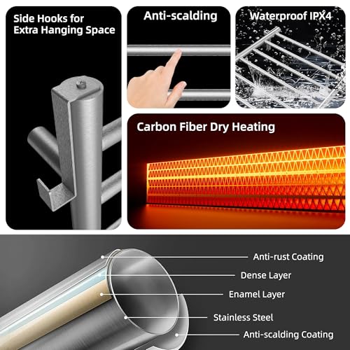 P&Dlusir EL13 Heated Towel Rack, Brushed, 5 Bar | Fast Heat in 2 Min, Smart Timer, Thermo Control, Memory Functoion, Stainless Steel, Hard-Wired/Plug-in - color: Brushed, size: 21.65"W x 17.72"H