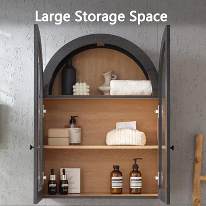 Bathroom Arched Wall Cabinet, 23.5'' Wide Medicine Cabinet, Wall Mount with Glass Doors & Adjustable Shelves, Over the Toilet Storage Cabinet for Laundry Room, Bedroom, Kitchen, Grey Black - color: Grey Black