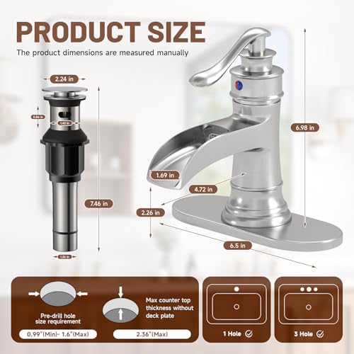 Brushed Nickel Waterfall Bathroom Faucet Single Handle 1 Hole | with Pop Up Drain Assembly & Water Supply Hose,Lead-Free Solid Brass,Farmhouse Faucet for Sink 1-3 Hole,Deck Mount - color: Brushed Nickel