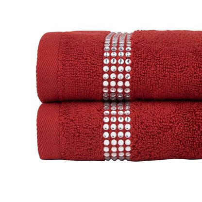 Stripe Fingertip Towel (Set of 2), 100% Turkish Cotton, Glass Rhinestones, 13", Machine Washable, Red - color: Red