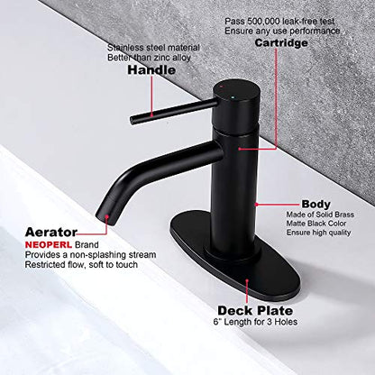 Matte Black Bathroom Faucet Single Hole, JXMMP Single Handle Bathroom Sink Faucets with Pop Up Drain and 6 inch Deck Plate and cUPC Water Supply Hose - color: Black, size: Faucet with Deck Plate