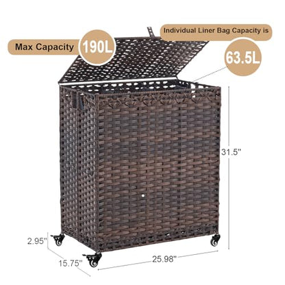 Laundry Hamper with Wheels&Lid, 50.2 Gallons(190L) Rolling Laundry Basket with Wheels, 3-Section Laundry Hamper, Handwoven Rattan Clothes Hamper with 6 Removable Liner& 3 Mesh Laundry Bags, Brown - color: Brown