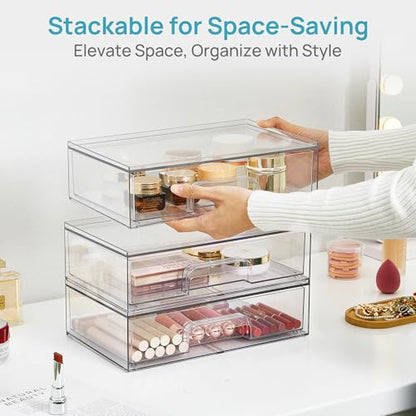 Vtopmart Clear Stackable Storage Drawers, 4 Pack Wide Plastic Organizers | Clear Pull-Out Plastic Drawers, Stackable Design for Makeup Palettes, Cosmetics, Beauty Supplies, Vanity, Cabinet and Desk - style: 4pack Wide