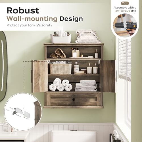 Bathroom Wall Cabinet, Wall Mounted Medicine Cabinet 24.4"H x 23.6"W x 9"D | With Drawer, Barn Doors & Adjustable Shelf, Grey Over Toilet Farmhouse Storage Cabinet for Kitchen, Laundry Room, Entryway - color: Grey