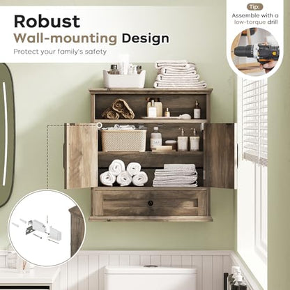 Bathroom Wall Cabinet, Wall Mounted Medicine Cabinet 24.4"H x 23.6"W x 9"D | With Drawer, Barn Doors & Adjustable Shelf, Grey Over Toilet Farmhouse Storage Cabinet for Kitchen, Laundry Room, Entryway - color: Grey