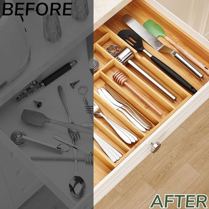 BAMEOS drawer organizer flatware organizer cutlery tray silverware organizer expandable adjustable bamboo drawer organizer kitchen bathroom - size: 2''H 22X16