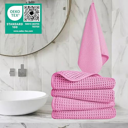 POLYTE 430 GSM Poly Blend Microfiber Quick Dry Waffle Hand Towel, 16x30 in | 4 Pack, Oversize, Lint Free, Quick Dry, Hanging Loop - color: Pink