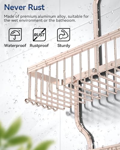 Never Rust Shower Caddy Hanging, Aluminum Shower Racks for Inside Shower, 3-Tier Shower Organizer Hanging Over Shower Head with Hooks and Soap Holder, Rose Gold - color: Rose Gold