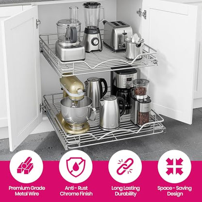 2-Tier Pull-Out Cabinet Organizer for Kitchen, 14" W x 21”D x 16.5" H | Full-Extension Sliding Shelves, Holds 100 lbs, Easy Install for Kitchen, Pantry & Under Sink Cabinets - size: 14 Inch