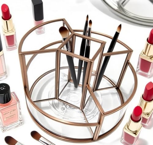 360° Rotate Makeup Brush Holder, Makeup Organizers Countertop, Perfume Tray, Bathroom Organizer and Storage for Eyeliner,Lipstick, Lazy Susan Organizer for Vanity Cabinet Dresser Bathroom (Brass)