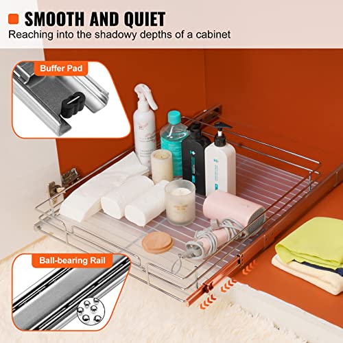 VEVOR 15.5" Wx21 Dx3.5 H Pull Out Cabinet Organizer, Heavy Duty Slide Out Pantry Shelves, Chrome-Plated Steel Roll Out Drawers, Storage for Home Under Sink, 17" Wx22 Dx7 H Install Size for Cabinet - size: 15.5"Wx21"D