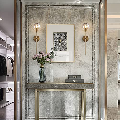 KCO 2 Pack Mid Century Modern Brass Gold Smoke Gray Glass Globe Wall Sconce | E26 Hardwired, Up/Down Mounted, Long Linear Rod, Farmhouse Wall Light Fixture for Bedroom Bathroom Hallway Living Dining Room - color: Smoke Grey