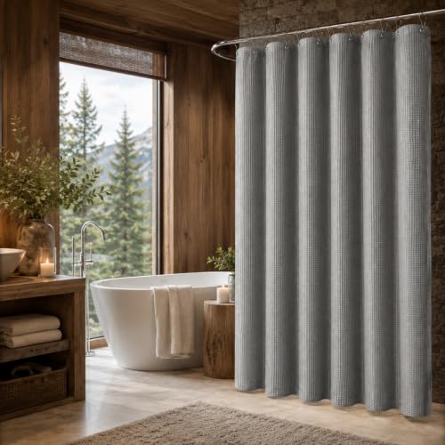 LaCyan Waterproof Waffle Shower Curtain, 258GSM Heavy Duty 3 Piece Set with Clear Liner and 12 Stainless Steel Hooks, Polyester Fabric Shower Curtains for Bathroom, Machine Washable, 72x72 Inch, Grey - color: Grey, size: 72"W x 72"L (Pack of 1)