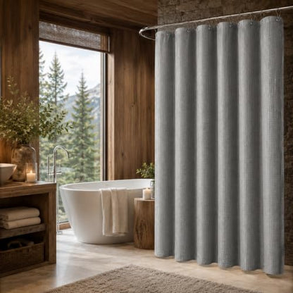 LaCyan Waterproof Waffle Shower Curtain, 258GSM Heavy Duty 3 Piece Set with Clear Liner and 12 Stainless Steel Hooks, Polyester Fabric Shower Curtains for Bathroom, Machine Washable, 72x72 Inch, Grey - color: Grey, size: 72"W x 72"L (Pack of 1)