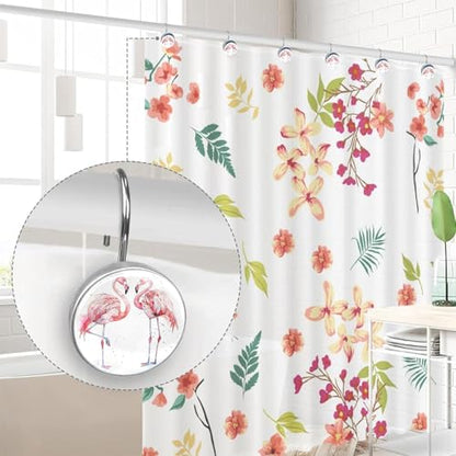 Pink Flamingo Shower Curtain Hooks Set of 12 | Bathroom Decor Rustproof Metal Decorative Shower Hooks Rings for Curtains Rods