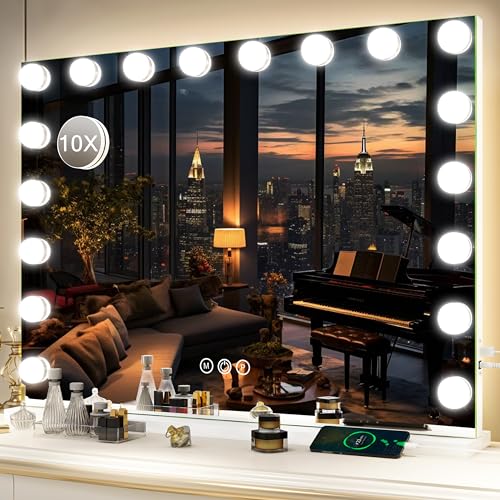 FENNIO Hollywood Vanity Mirror with Lights 32x24.5 Large Lighted Mirror Makeup Mirror with 18 Dimmable LED Bulbs and 10X Magnification 3Color Lighting USB Charging Port for Vanity Desk Tabletop - size: 24.5"L x 32"W