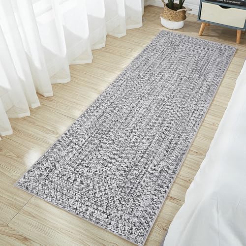 Printed Washable Runner Rugs 2x10 Rug for Living Room Bath Mat Modern Imitation Braided Bedroom Rug Non Slip Geometric Area Rug Kitchen Rugs Stain Resistant Carpet 2'x10' Light Grey - color: Light Grey, size: 2' x 10' (Runner)