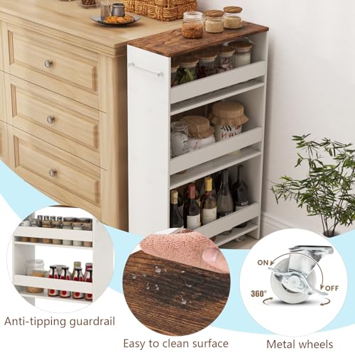 POWERSTONE 4-Tier Slim Storage Cart, Narrow Kitchen Rolling Cart w/Handle & Open Shelves, Skinny Slide Out Utility Organizer Trolley for Kitchen Bathroom Laundry Small Spaces White & Rustic Brown - color: White & Rustic