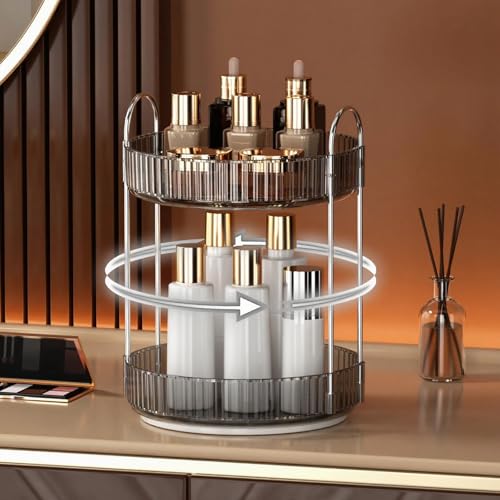 YCIA&DONE 360 Rotating Makeup Organizer and Storage for Vanity Countertop 2 Tiers, High Capacity Cosmetic Skincare Perfume Organizers for Dresser Bathroom Lazy Susan (Smoky Gray)