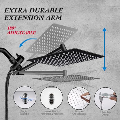 Shower Head,10”Rain Shower Head with Handheld Spray Combo with 11'' Angle Adjustable Extension Arm/Flow Regulator/Shower System,High Pressure Rainfall Shower Head Clean Bathroom,Matt Black - color: Black, size: 10 Inch