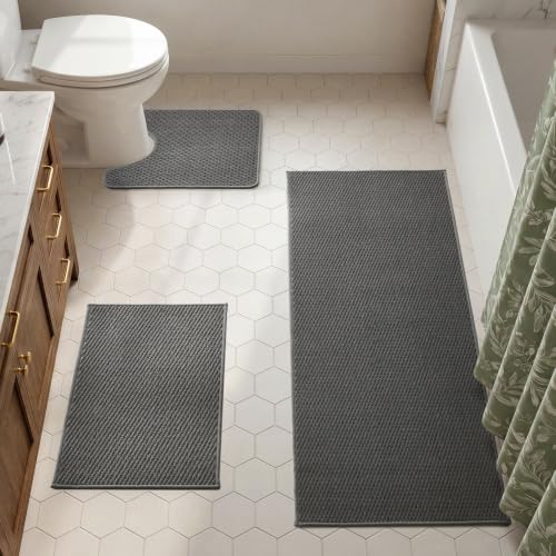 TYUU Bath Mat Set 3 Piece, Bathroom Rugs Non Slip Washable & Toilet Mat | Non Slip Quick Dry Low Pile Bathroom Mats, Washable Bath Rugs 3 Pc: 16x24, 24x60 Rug & U Shape Toilet Mat 20x24 in. Dark Grey - color: Dark Grey, size: 16"x24" + 24"x60" + 20"x24" U