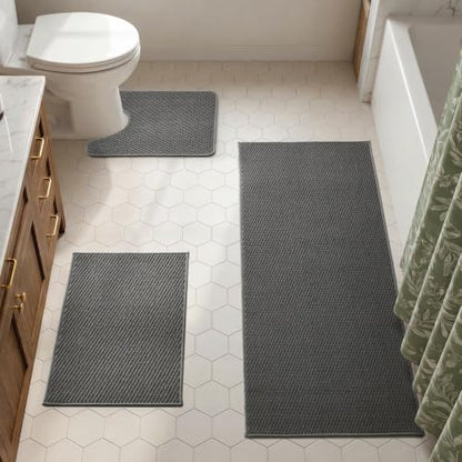 TYUU Bath Mat Set 3 Piece, Bathroom Rugs Non Slip Washable & Toilet Mat | Non Slip Quick Dry Low Pile Bathroom Mats, Washable Bath Rugs 3 Pc: 16x24, 24x60 Rug & U Shape Toilet Mat 20x24 in. Dark Grey - color: Dark Grey, size: 16"x24" + 24"x60" + 20"x24" U