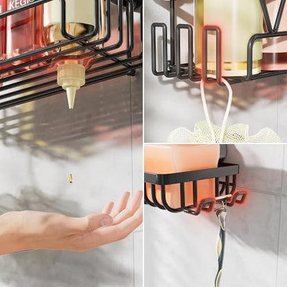 KEGII Suction Cup Shower Caddy Shower Organizer Shelf Bathroom Storage | 2 Pack Stainless Steel No Drill Shower Suction Shelf with Soap Holder & Hooks, Shampoo Holder Bathroom Basket, Black - color: Matte Black