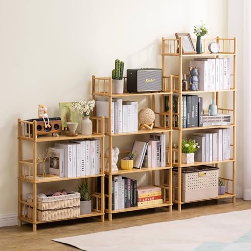 5-Tier Expandable Freestanding Open Bamboo Book Shelf - No-Tool Assembly & Modular,Bathroom Storage Shelf Unit Plant Stand for Small Space, Bedroom, Living Room, Home Office (Natural, 5-Tier WithRail) - color: Natural 5-tier-2