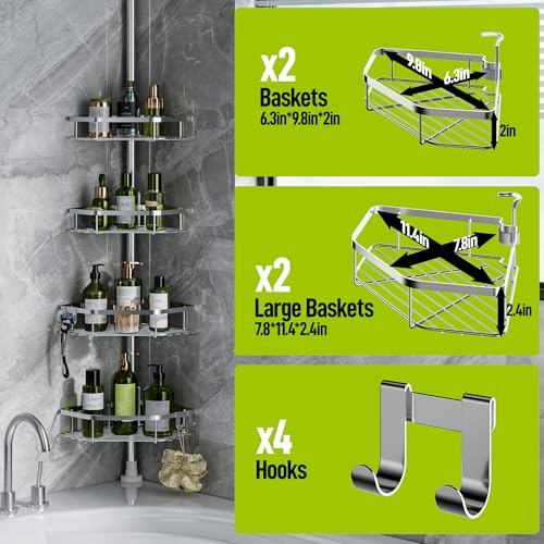 LAMU Corner Shower Caddy Tension Pole, 4-Tier Stainless Steel Organizer | Fits 38-124in Heights, Shower Shelves with No Drilling & Strong Spring Tension, Holds Up to 26lbs, Bathroom, Bathtub, Dorm