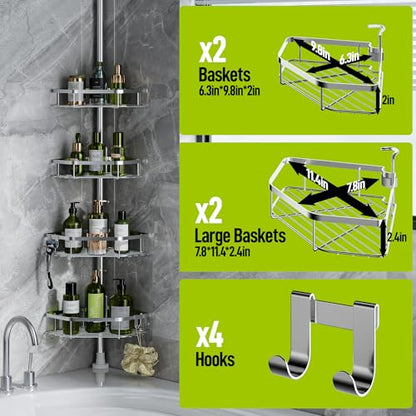 LAMU Corner Shower Caddy Tension Pole, 4-Tier Stainless Steel Organizer | Fits 38-124in Heights, Shower Shelves with No Drilling & Strong Spring Tension, Holds Up to 26lbs, Bathroom, Bathtub, Dorm