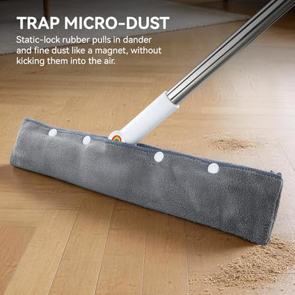 Magic Squeegee Broom for Floors, 62 in Handle, Rubber Pet Hair Remover | Works on tile, concrete, carpet and windows; includes 2 microfiber pads for wet and dry cleaning