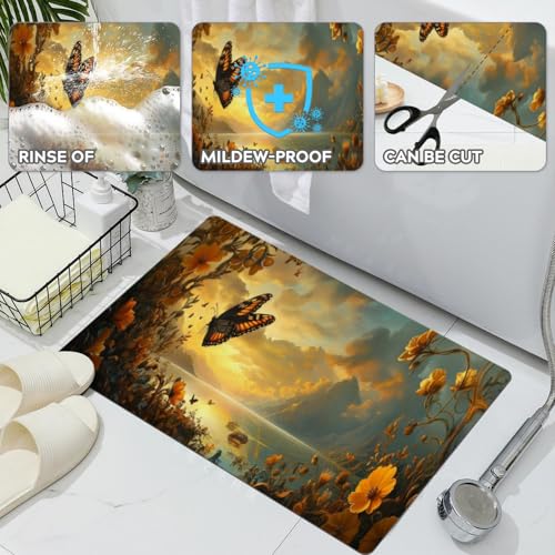 Bathroom Runner Mat Rugs Long,Flowers and Butterflies creative pattern Diatomite Stone Bath Mat Large Absorbent Diatomaceous Earth Mat Non Slip Fast Dry Shower Mat Bathroom Rugs Floor Mat 16x42in - color: Design06