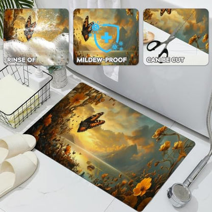 Bathroom Runner Mat Rugs Long,Flowers and Butterflies creative pattern Diatomite Stone Bath Mat Large Absorbent Diatomaceous Earth Mat Non Slip Fast Dry Shower Mat Bathroom Rugs Floor Mat 16x42in - color: Design06