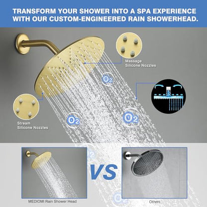 Solid Metal Rain Shower Head, Round High Flow Rainfall Shower Head with Shower Arm and Flange, Reinforced Explosion-Proof Stainless Steel Construction (10-Inch, Brushed Gold) - color: Brushed Gold, size: 10 Inch