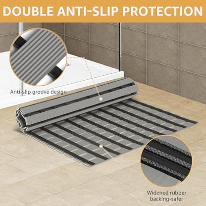 Yolife PVC Large Shower Mat, 35.4 × 24 Inch Non Suction Cup Non Slip Shower Floor Mat, Easy to Cut & Curlable Stand Up Shower Stall Mat, Heavy Duty Bath Shower Mats for Inside Shower - color: Light Grey