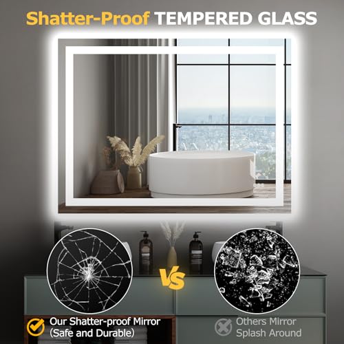 Hivone 48"X36" LED Bathroom Mirror with Lights, Anti-Fog, Dimmable, Backlit + Front Lit, Smart Bathroom Vanity Mirror, Memory Function, Shatterproof, Tempered Glass (Horizontal/Vertical) - size: 36"L x 48"W