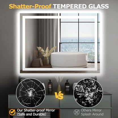 Hivone 48"X36" LED Bathroom Mirror with Lights, Anti-Fog, Dimmable, Backlit + Front Lit, Smart Bathroom Vanity Mirror, Memory Function, Shatterproof, Tempered Glass (Horizontal/Vertical) - size: 36"L x 48"W