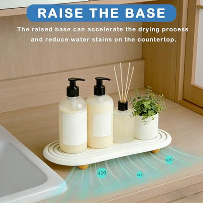 Instant Dry Sink Tray, Anti-Slip Stone Sink Caddy, Durable Kitchen Sink Organizer, Quick Dry Water Absorbing Stone Tray for Bathroom Counter, Stone Soap Tray - color: White Wooden Foot 4circles Large