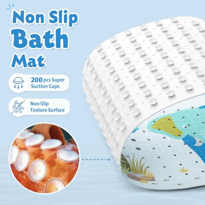 Baby Bath Mat for Tub Non Slip Kids, BPA Free Extra Long Bathtub Mat 40x16 with Drain Holes and 200 Suction Cups, Non Toxic Machine Washable Toddler Bath Mat, Eco-Friendly Certified - color: Light Blue Elephant