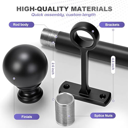 Heavy Duty Steel Curtain Rod 1 Inch Diameter - Adjustable 30-72 Inches for Windows, Room Dividers, Indoor/Outdoor - Rust-Resistant Matte Black Finish, Sturdy Metal - size: 30" - 48"