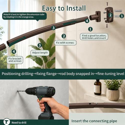 Bronze Curved Shower Curtain Rod for Bathroom 33-78 In Adjustable Extra Wide Curved Shower Rod, RustProof Stainless Steel Round Shower Rods for Bathtub, Stall Need Drilling - color: Bronze