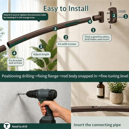Bronze Curved Shower Curtain Rod for Bathroom 33-78 In Adjustable Extra Wide Curved Shower Rod, RustProof Stainless Steel Round Shower Rods for Bathtub, Stall Need Drilling - color: Bronze