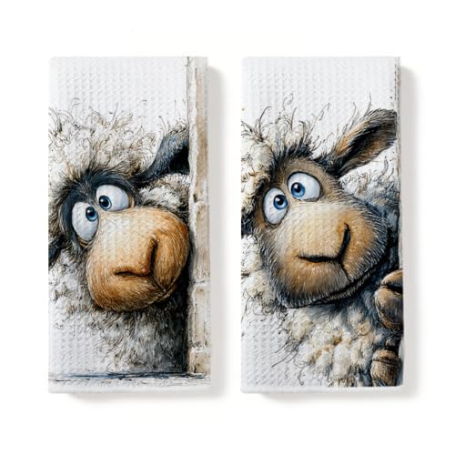 2 Pcs Funny Sheep Kitchen Towels, Cute Sheep Gifts Reusable Hand Towel | Sheep Decorative Waffle Dish Towels for Kitchen Home Bathroom Decor, Animal Sheep Gifts for Women Girls Mom 14x24 Inch - color: Multi 0791