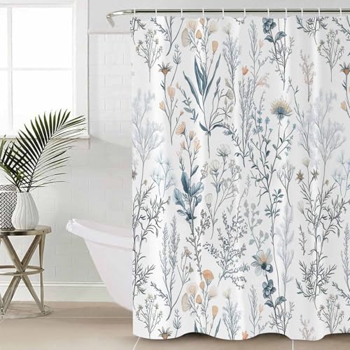 Botanical Floral Bathroom Shower Curtains with 12 Hooks Polyester Waterproof Shower Curtain for Stalls and Bathtubs Flowers Leaves Plants Light Blue Decorative Bathroom Privacy Curtain 60x72 Inches - size: 60"x72"